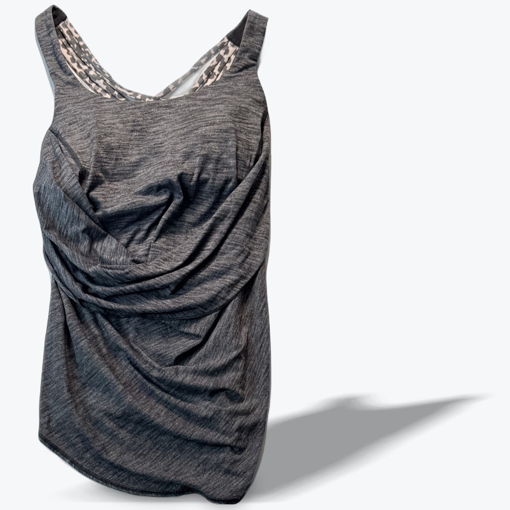 Lululemon Yoga Tank Top Draped Front Grey Leopard Strappy Back Shelf Bra Small